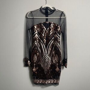 Fashion Nova Womens Art Deco Sequin Mesh Mini Dress Black Rose Gold Small